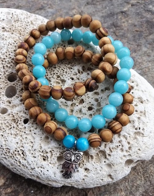 Set dřevěných náramků s amazonitem > varianta PÁNSKÁ, DÁMSKÁ, DĚTSKÁ