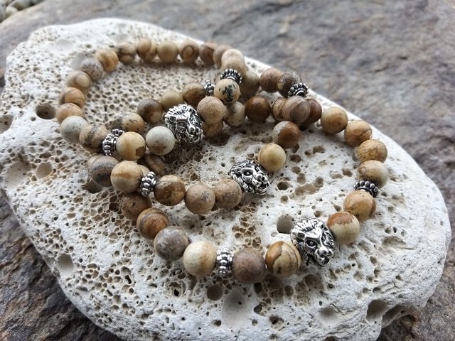 Náramek s lví hlavou - Jaspis obrázkový > varianta PÁNSKÁ, DÁMSKÁ, DĚTSKÁ