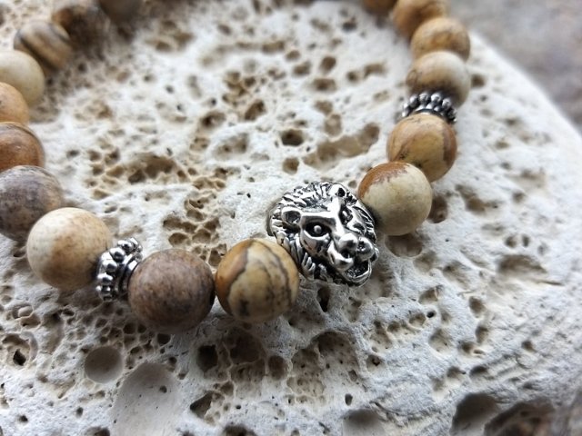 Náramek s lví hlavou - Jaspis obrázkový > varianta PÁNSKÁ, DÁMSKÁ, DĚTSKÁ