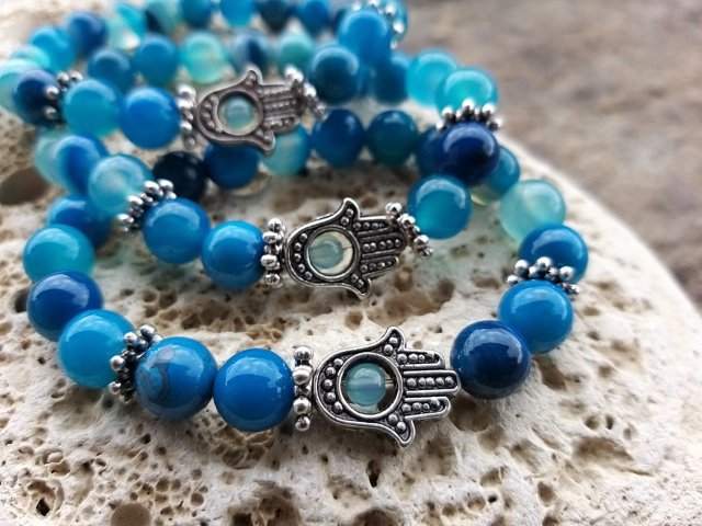 Náramek s rukou fatimy - Achát modrý > varianta PÁNSKÁ, DÁMSKÁ, DĚTSKÁ