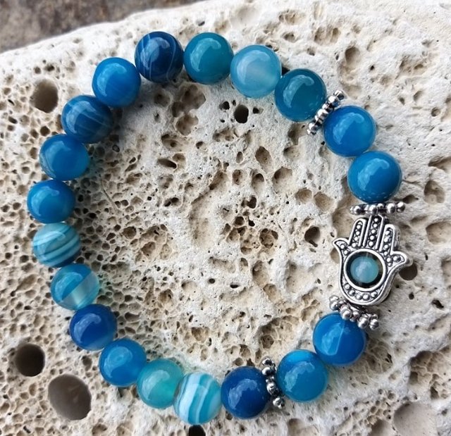 Náramek s rukou fatimy - Achát modrý > varianta PÁNSKÁ, DÁMSKÁ, DĚTSKÁ