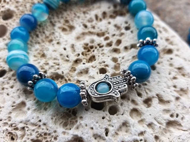 Náramek s rukou fatimy - Achát modrý > varianta PÁNSKÁ, DÁMSKÁ, DĚTSKÁ