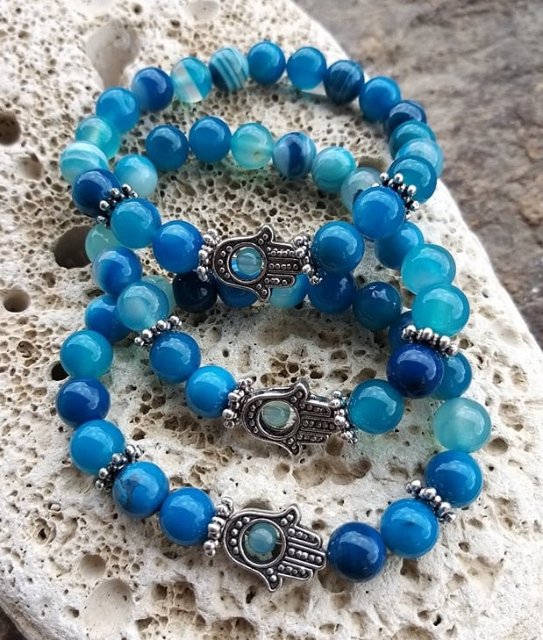 Náramek s rukou fatimy - Achát modrý > varianta PÁNSKÁ, DÁMSKÁ, DĚTSKÁ