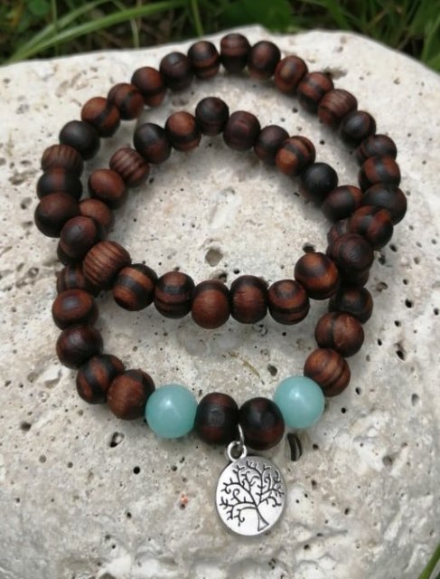 Dřevěný náramek s Amazonitem > varianta PÁNSKÁ, DÁMSKÁ, DĚTSKÁ