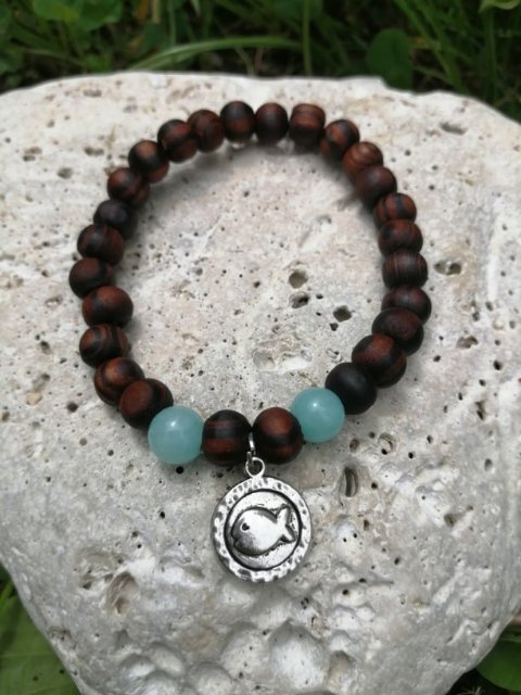 Dřevěný náramek s Amazonitem > varianta PÁNSKÁ, DÁMSKÁ, DĚTSKÁ