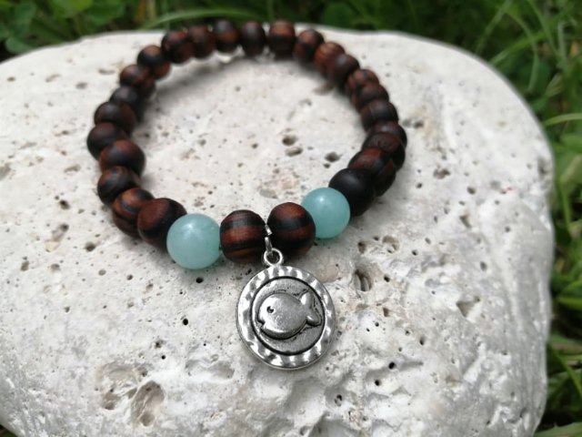 Dřevěný náramek s Amazonitem > varianta PÁNSKÁ, DÁMSKÁ, DĚTSKÁ