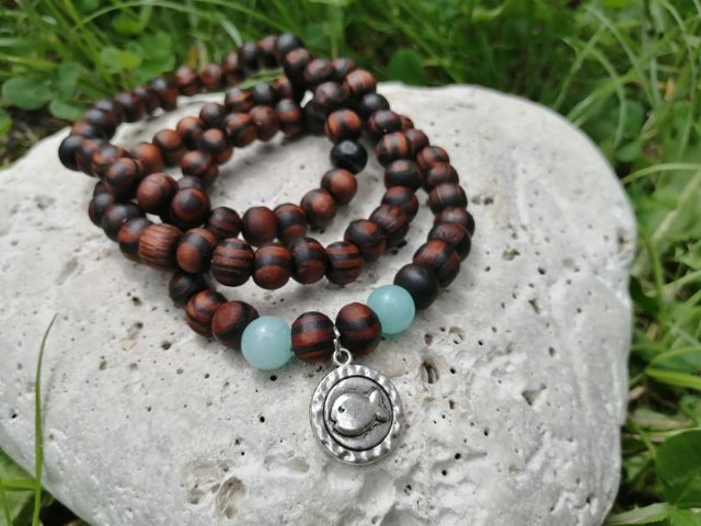 Dřevěný náramek s Amazonitem > varianta PÁNSKÁ, DÁMSKÁ, DĚTSKÁ