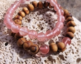 Pár růžového křišťálu se dřevem > varianta PÁNSKÁ, DÁMSKÁ, DĚTSKÁ